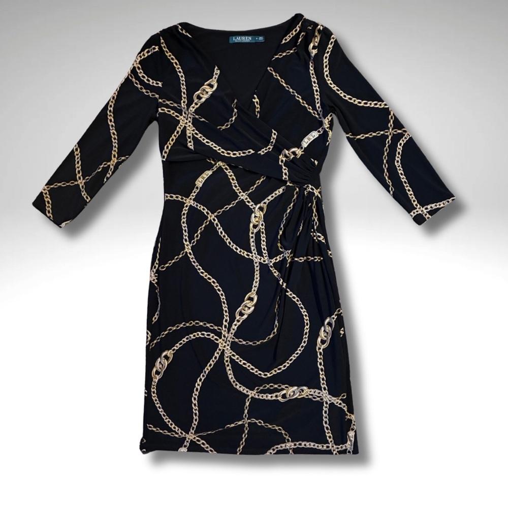 Ralph Lauren Equestrian Chain Print Black Faux Wrap Dress Size 8